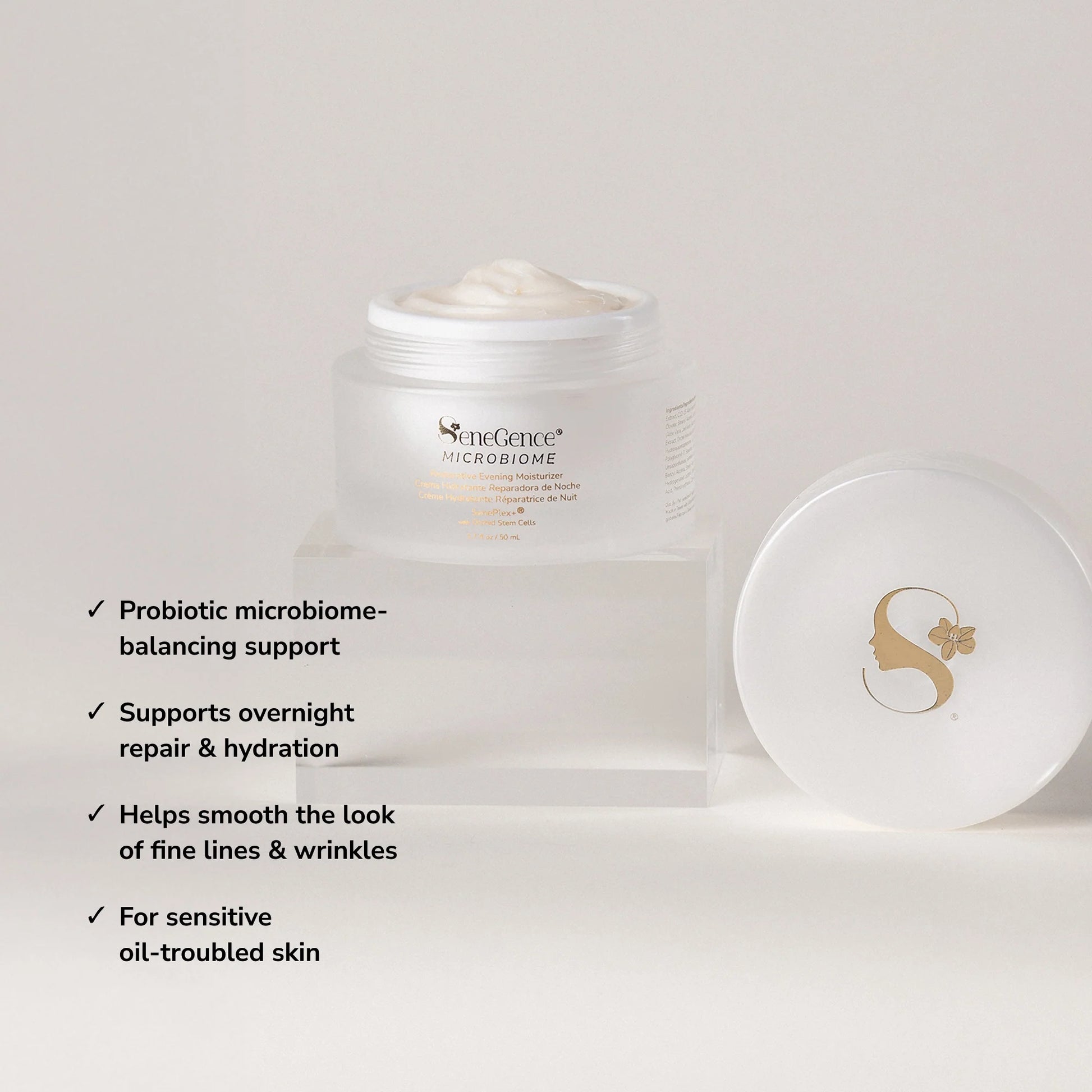 Microbiome Restorative Evening Moisturizer benefit callouts.